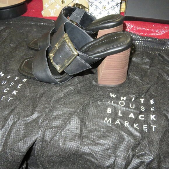 White House Black Market Bamboo Buckle Leather Mid-Heel Sandal size 7 Black NWT - Picture 1 of 16